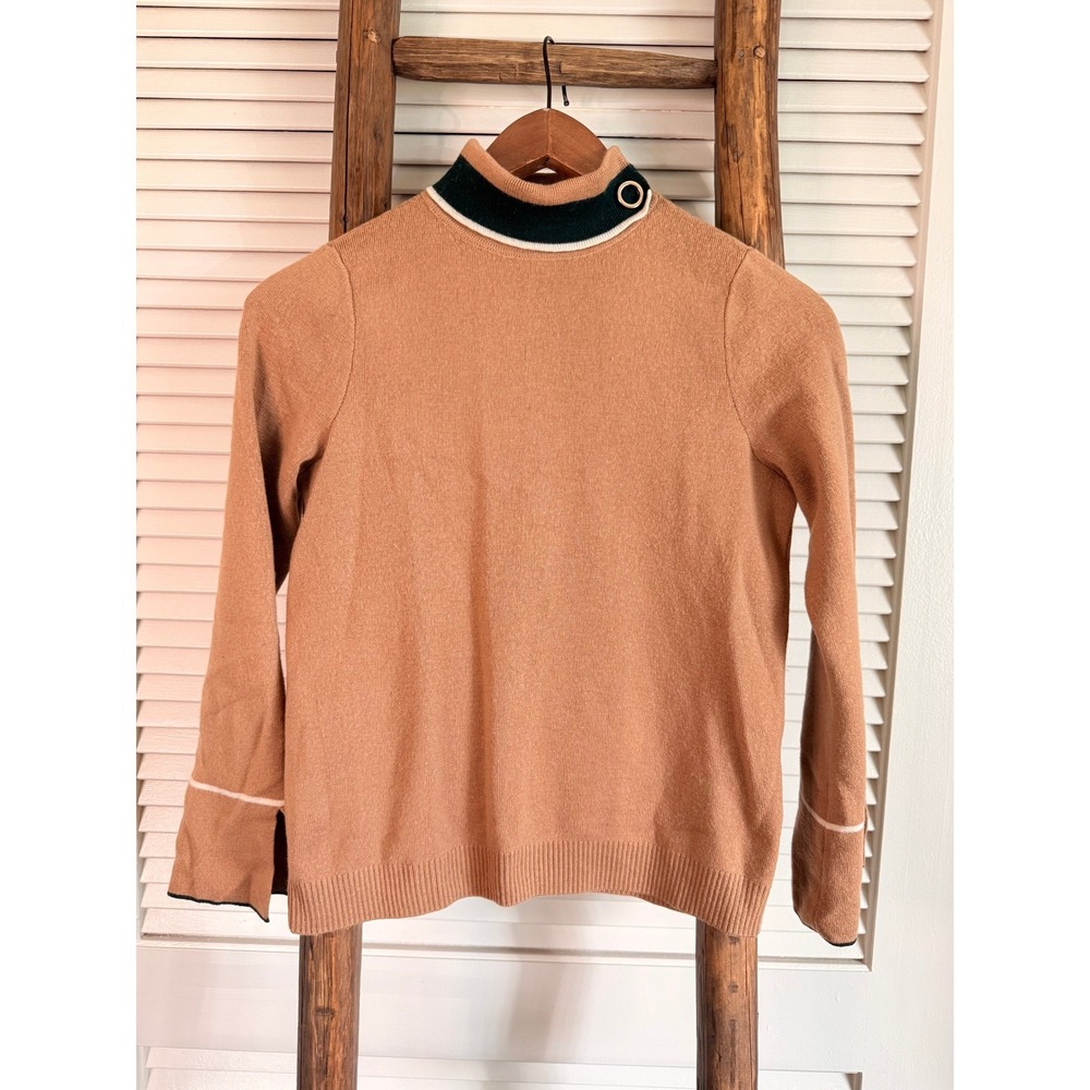 Koradior Mock Neck Sweater Camel Color Button Detail‎ Bell Sleeve
